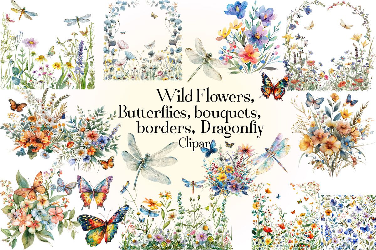 Wild Flowers Butterflies and Dragonfly