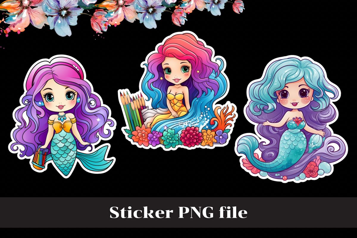 Cute Kawaii Mermaid Stickers, PNG